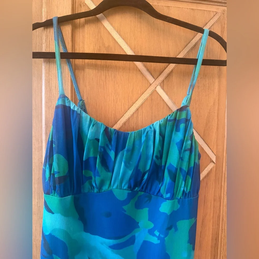 Teal & Blue Floral Midi Slip Dress with Spaghetti Straps - Picture 2 of 8